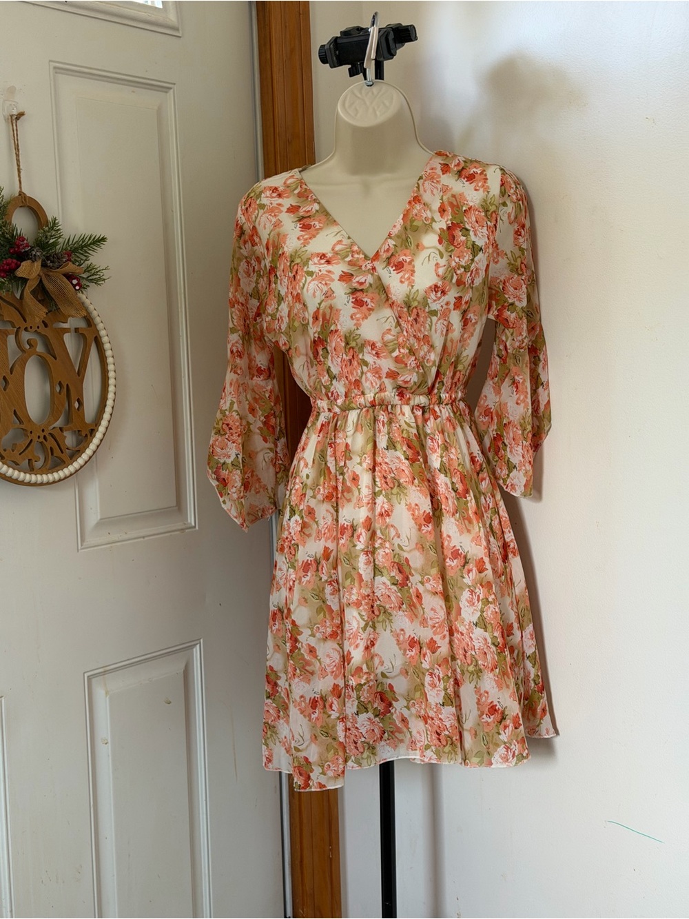 Floral V-Neck Women’s Dress in Peach